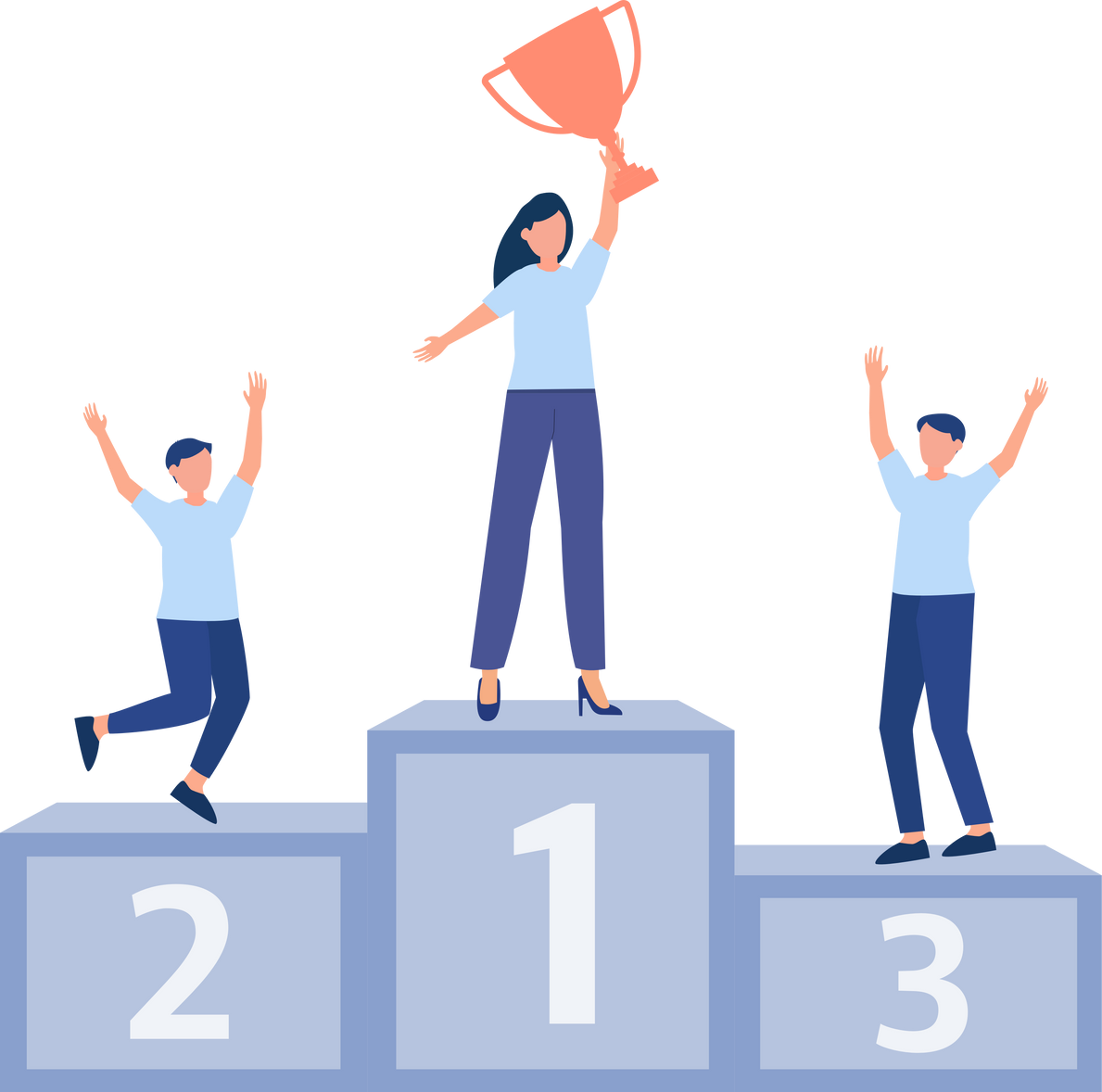 People standing on the podium rank first three places best employee award celebrating victory winner business